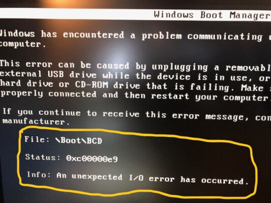 Windows-boot-manager An unexpected I/O error 横浜のパソコンサポート 横浜のパソコン出張設定 0xc00000e9 /Boot/BCD